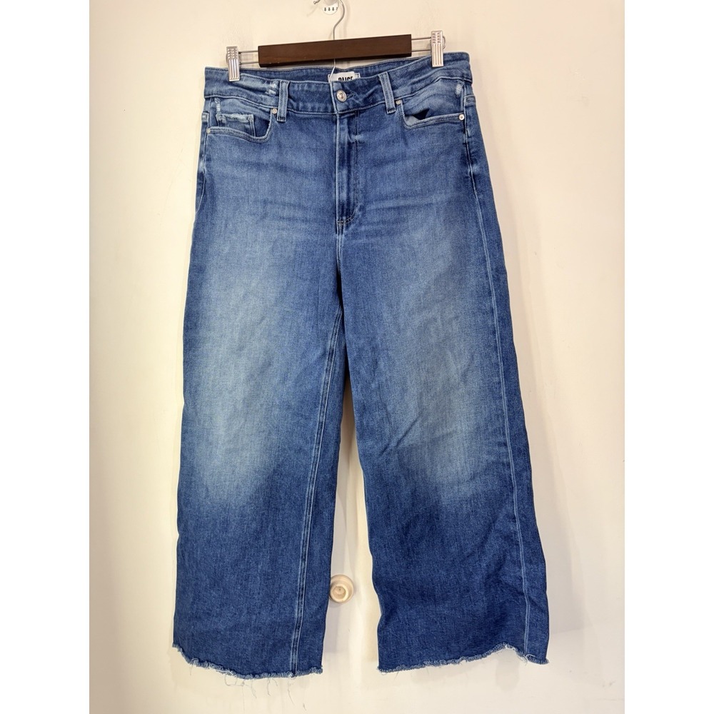 PAIGE Anessa Jeans Womens 32 High Rise Wide Leg Cropped Raw Hem Blue Denim